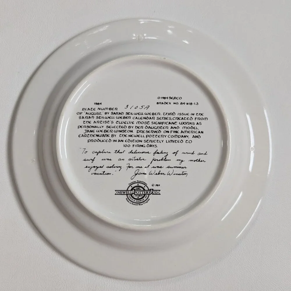 Sara Stilwell Webber Calendar Collections Plate August By Newell Pottery 1984